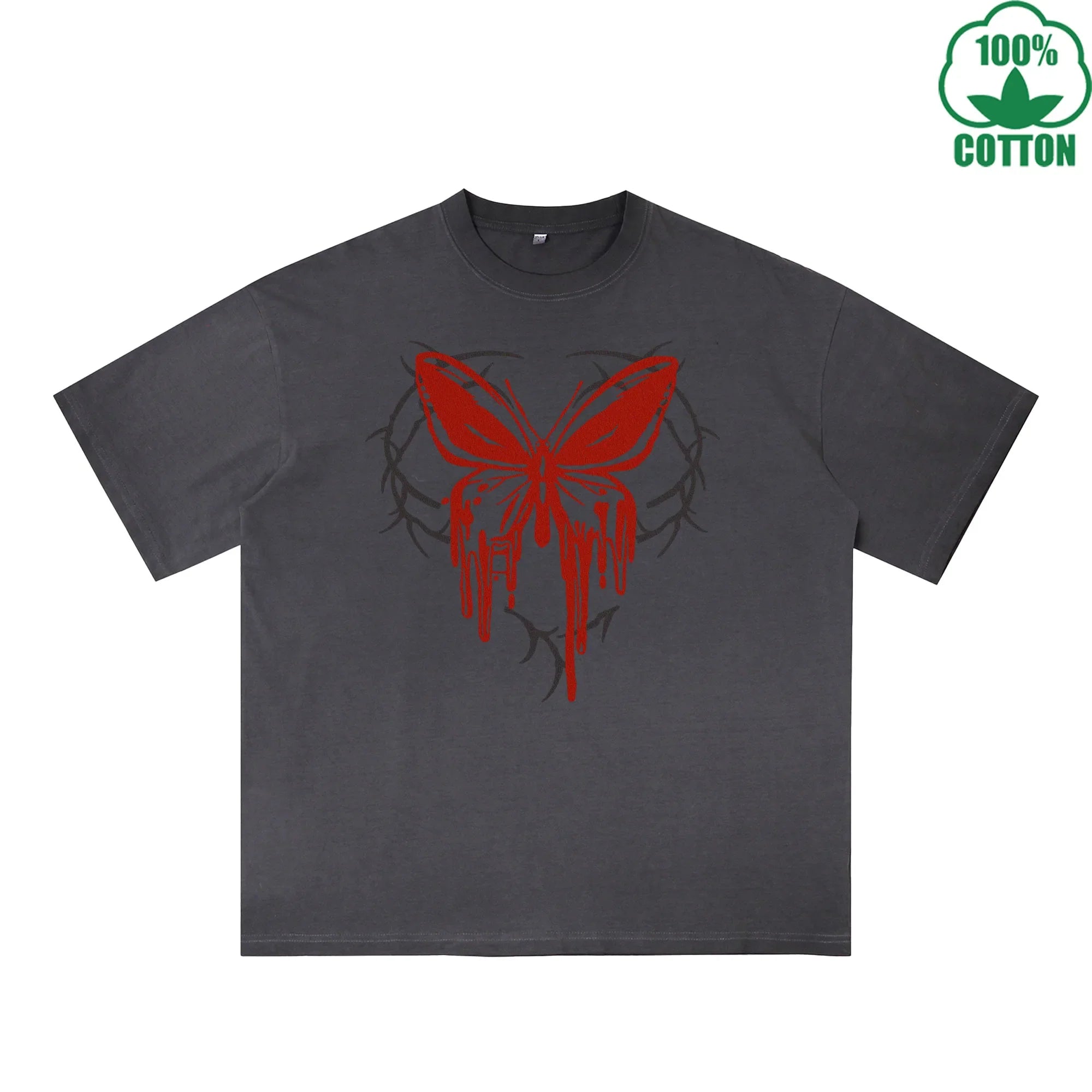 Blood Butterfly Printed Dirty WashT-Shirt 230G Multicolor Loose Trendy Fashionable 100%Cotton Short Sleeve Top