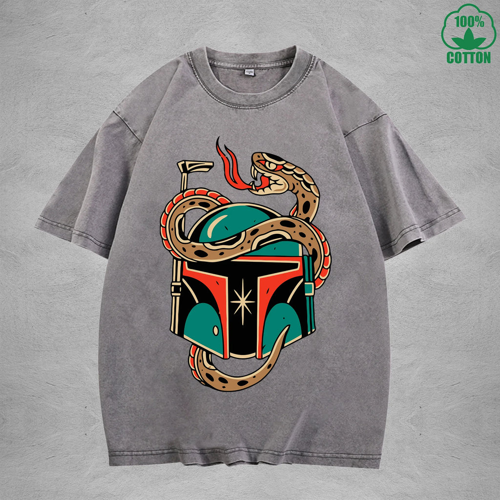 Deadly SnakeInterest Printed Washed T-Shirt 230G Multicolor Loose Trendy Fashionable 100%Cotton Short Sleeve Top