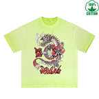 Trendy Dragon Printed Dirty WashT-Shirt 230G Multicolor Loose Trendy Fashionable 100%Cotton Short Sleeve Top