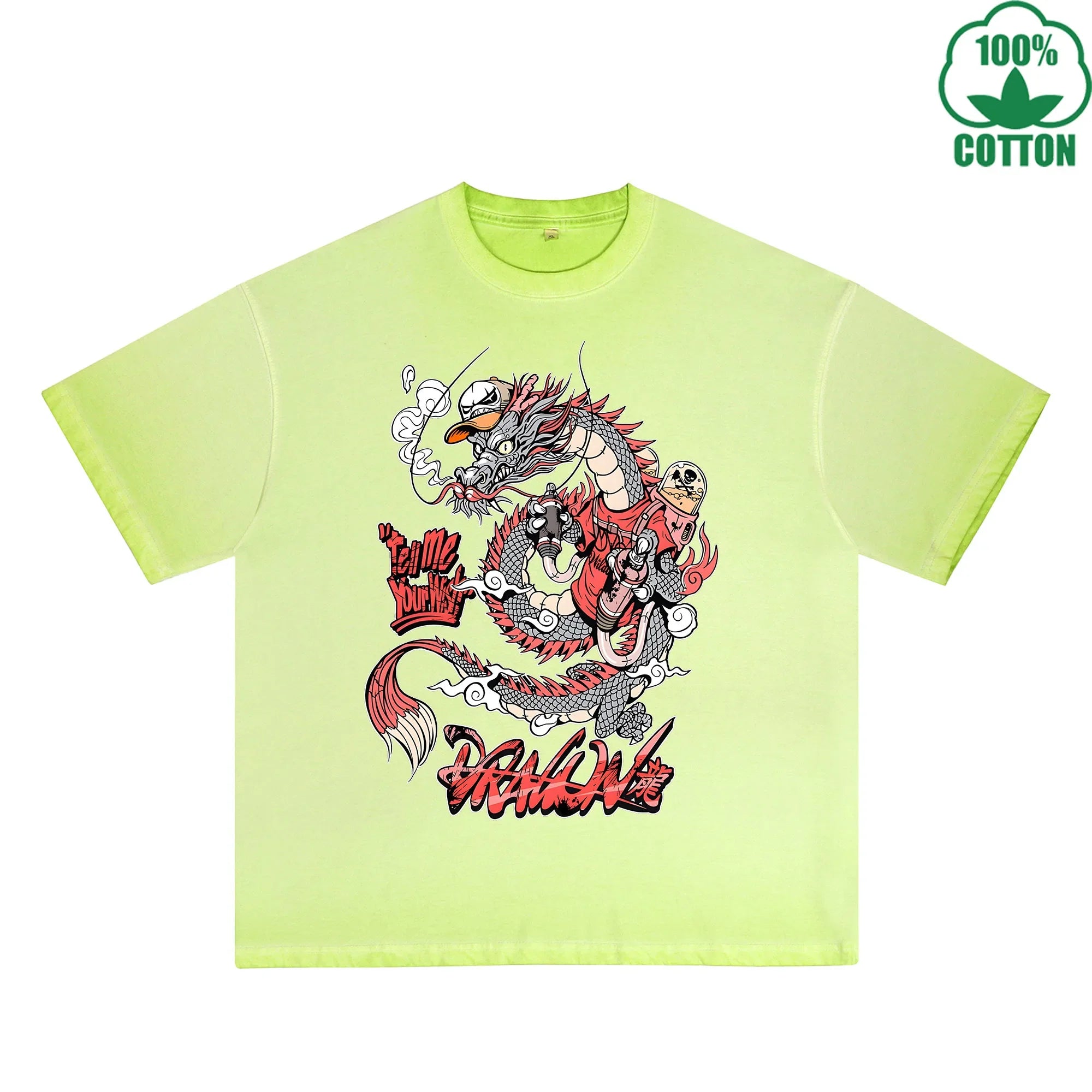 Trendy Dragon Printed Dirty WashT-Shirt 230G Multicolor Loose Trendy Fashionable 100%Cotton Short Sleeve Top