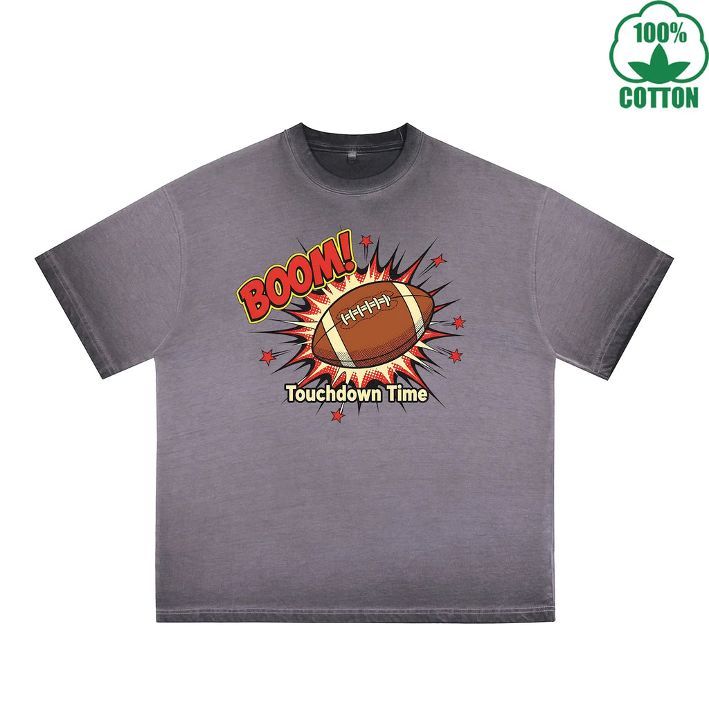 Touchdown Time Printed Dirty Wash T-Shirt 230G Multicolor Loose Trendy Fashionable 100%Cotton Short Sleeve Top
