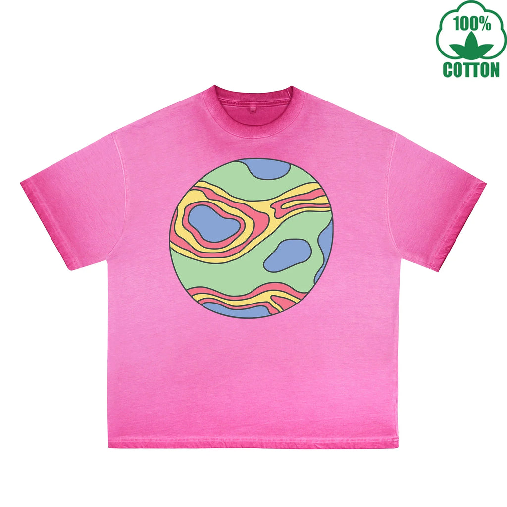 Mysterious Planet Printed Dirty WashT-Shirt 230G Multicolor Loose Trendy Fashionable 100%Cotton Short Sleeve Top