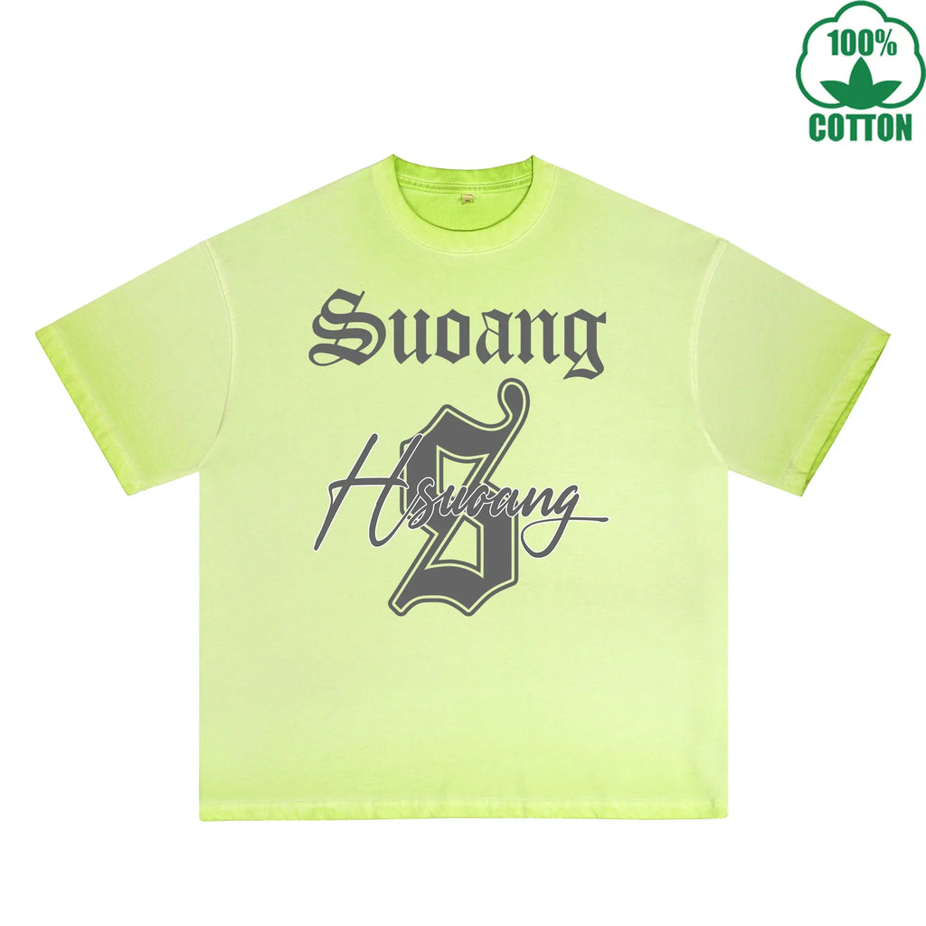 Hsucang Printed Dirty WashT-Shirt 230G Multicolor Loose Trendy Fashionable 100%Cotton Short Sleeve Top