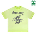 Hsucang Printed Dirty WashT-Shirt 230G Multicolor Loose Trendy Fashionable 100%Cotton Short Sleeve Top