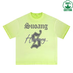 Hsucang Printed Dirty WashT-Shirt 230G Multicolor Loose Trendy Fashionable 100%Cotton Short Sleeve Top
