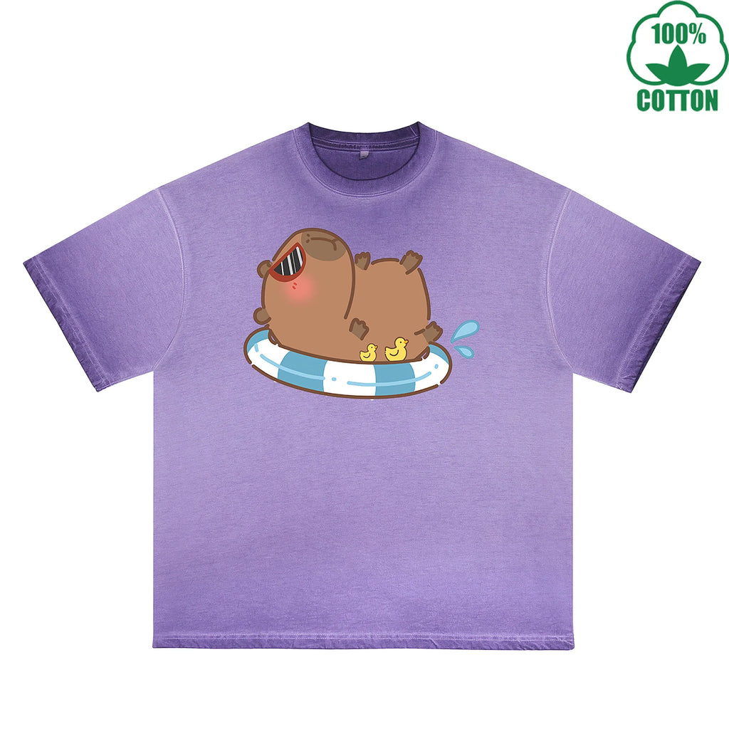 Capybara Sunbathing Printed Dirty WashT-Shirt 230G Multicolor Loose Trendy Fashionable 100%Cotton Short Sleeve Top