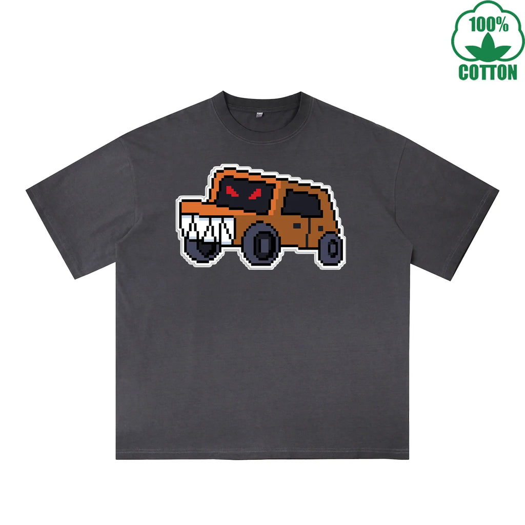 Angry Truck Printed Dirty WashT-Shirt 230G Multicolor Loose Trendy Fashionable 100%Cotton Short Sleeve Top
