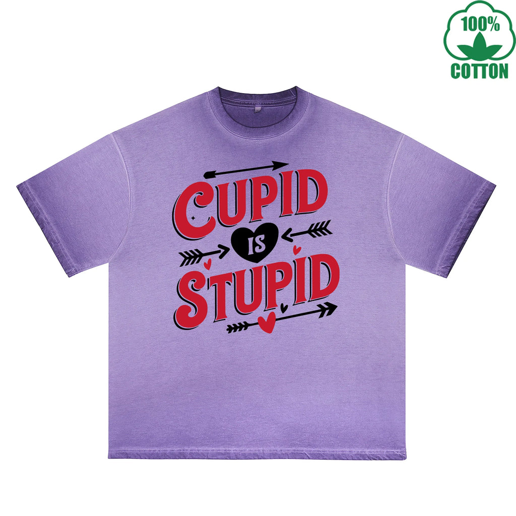 God of Love is Stupid Printed Dirty Wash T-Shirt 230G Multicolor Loose Trendy Fashionable 100%Cotton Short Sleeve Top