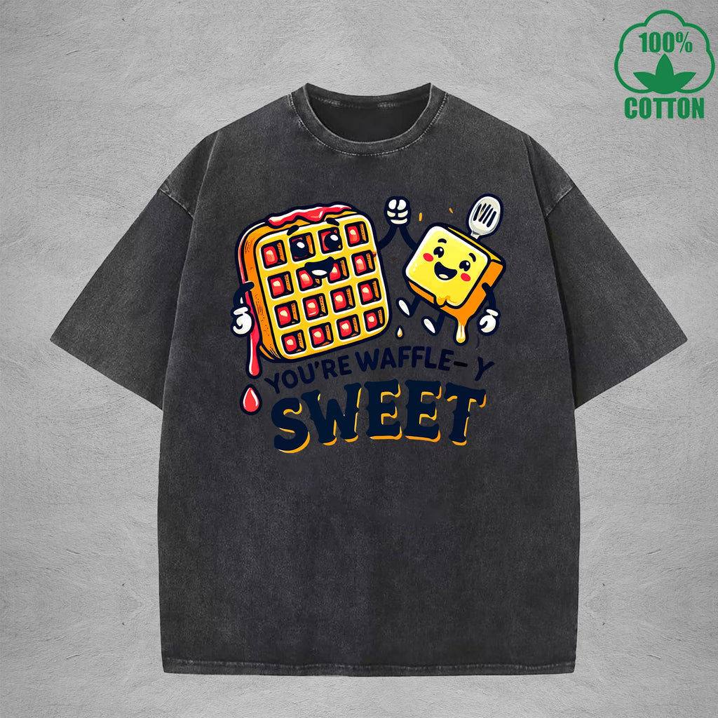 Waffle-Y SweetInterest Printed Washed T-Shirt 230G Loose Trendy Fashionable 100%Cotton Short Sleeve Top