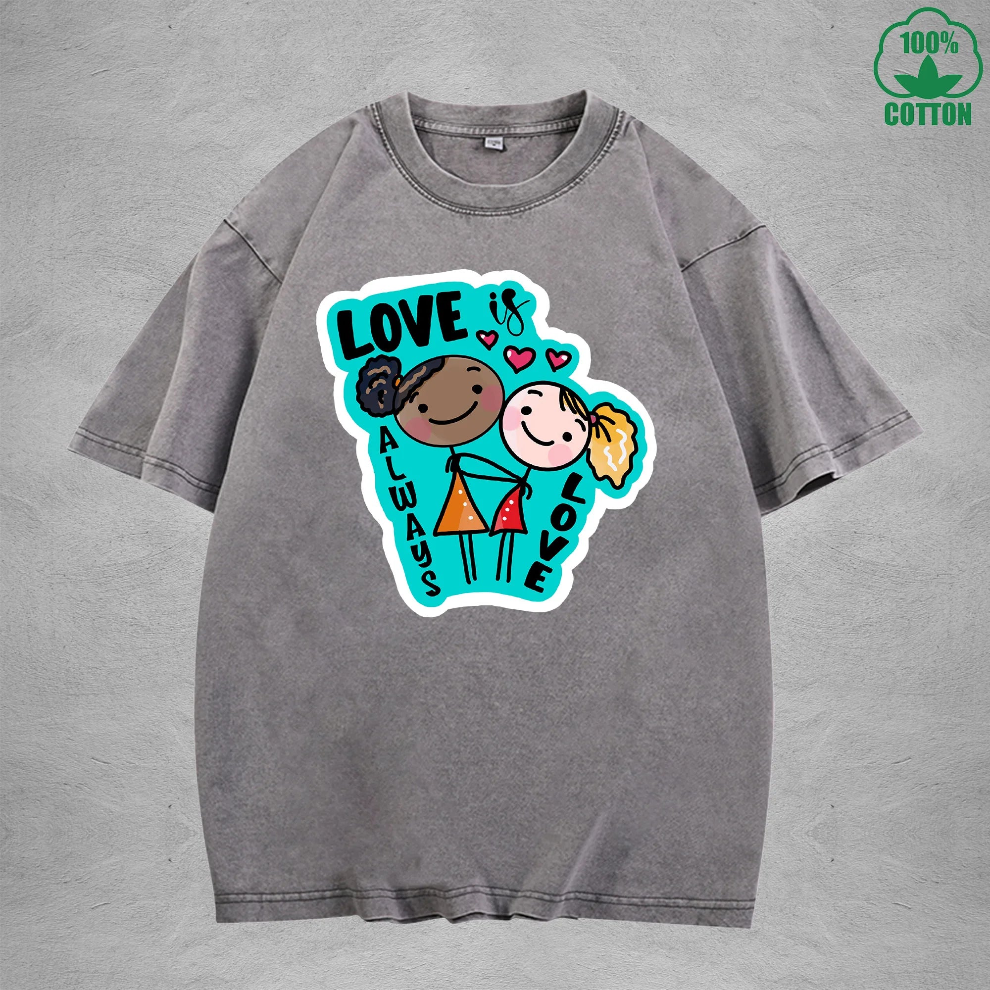 Love is always loveInterest Printed Washed T-Shirt 230G Loose Trendy Fashionable 100%Cotton Short Sleeve Top