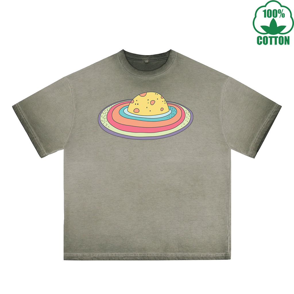 Microcosm Printed Dirty WashT-Shirt 230G Multicolor Loose Trendy Fashionable 100%Cotton Short Sleeve Top