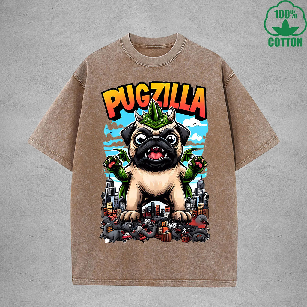 PugzillaInterest Printed Washed T-Shirt 230G Loose Trendy Fashionable 100%Cotton Short Sleeve Top