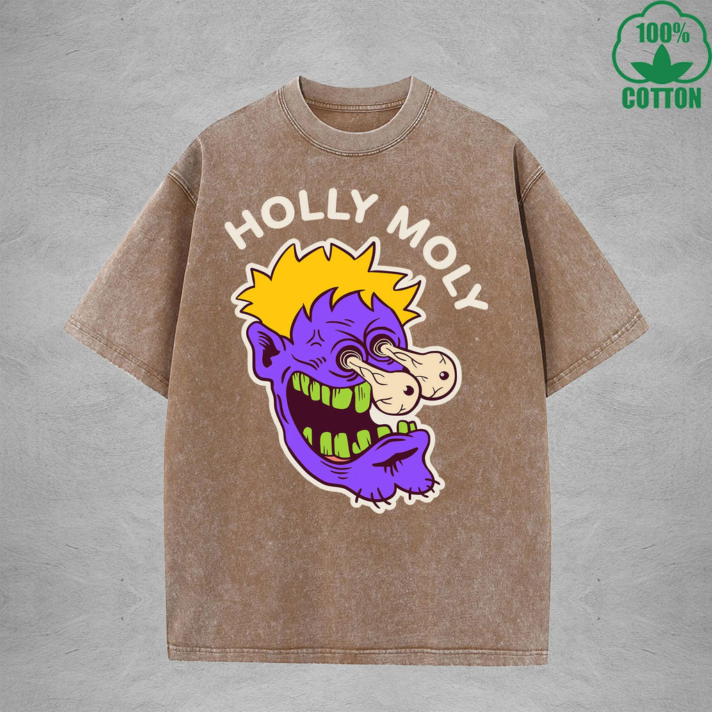 Holly MolyInterest Printed Washed T-Shirt 230G Loose Trendy Fashionable 100%Cotton Short Sleeve Top
