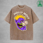 Holly MolyInterest Printed Washed T-Shirt 230G Loose Trendy Fashionable 100%Cotton Short Sleeve Top