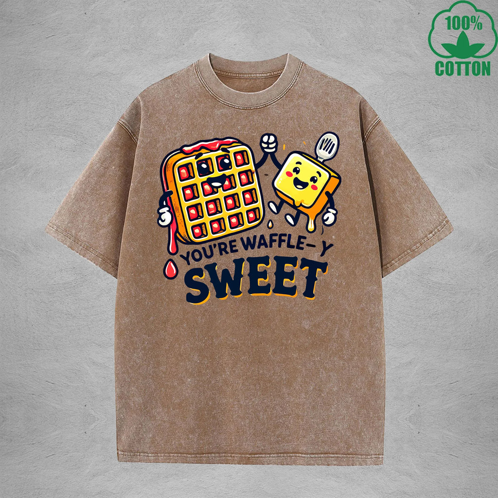 Waffle-Y SweetInterest Printed Washed T-Shirt 230G Loose Trendy Fashionable 100%Cotton Short Sleeve Top