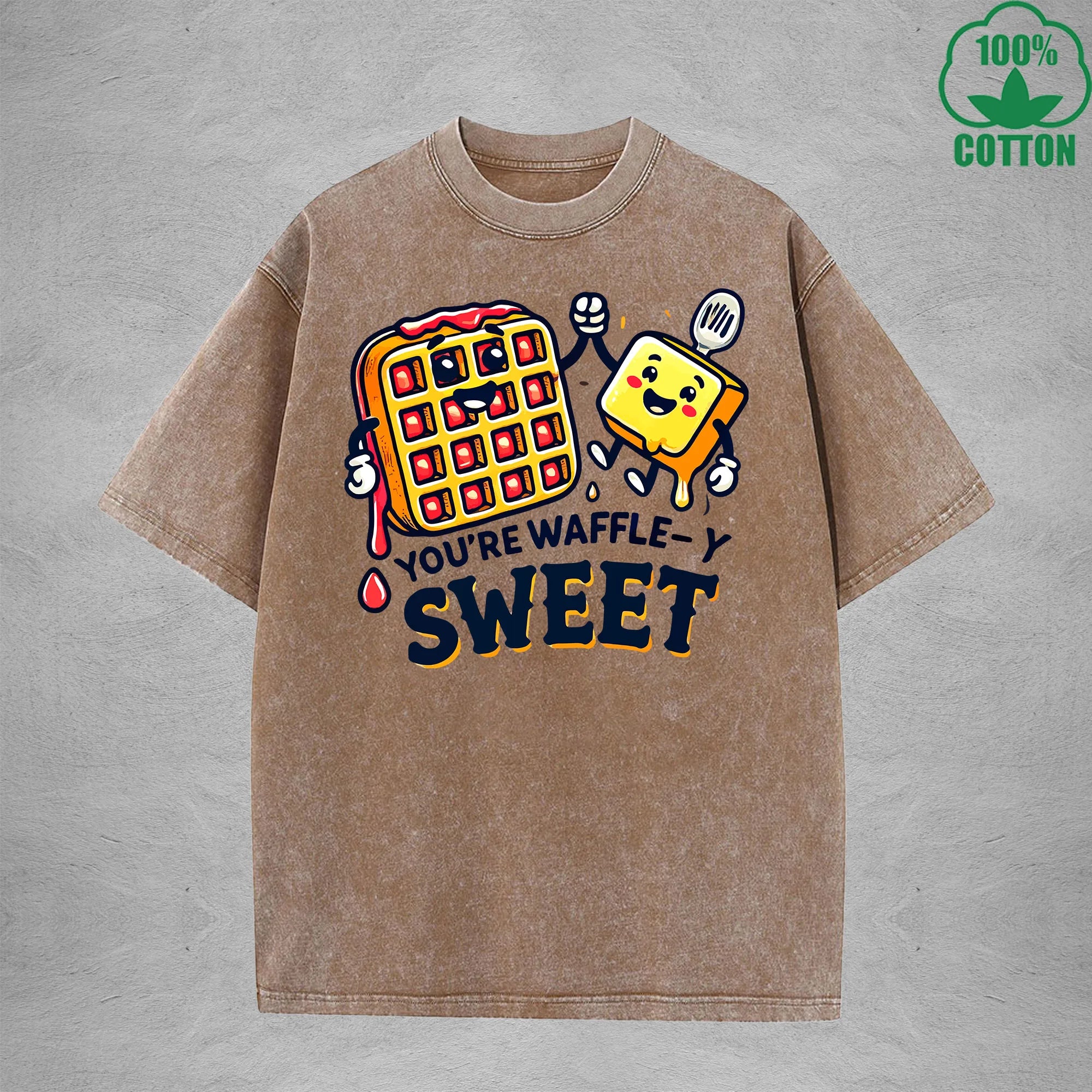Waffle-Y SweetInterest Printed Washed T-Shirt 230G Loose Trendy Fashionable 100%Cotton Short Sleeve Top