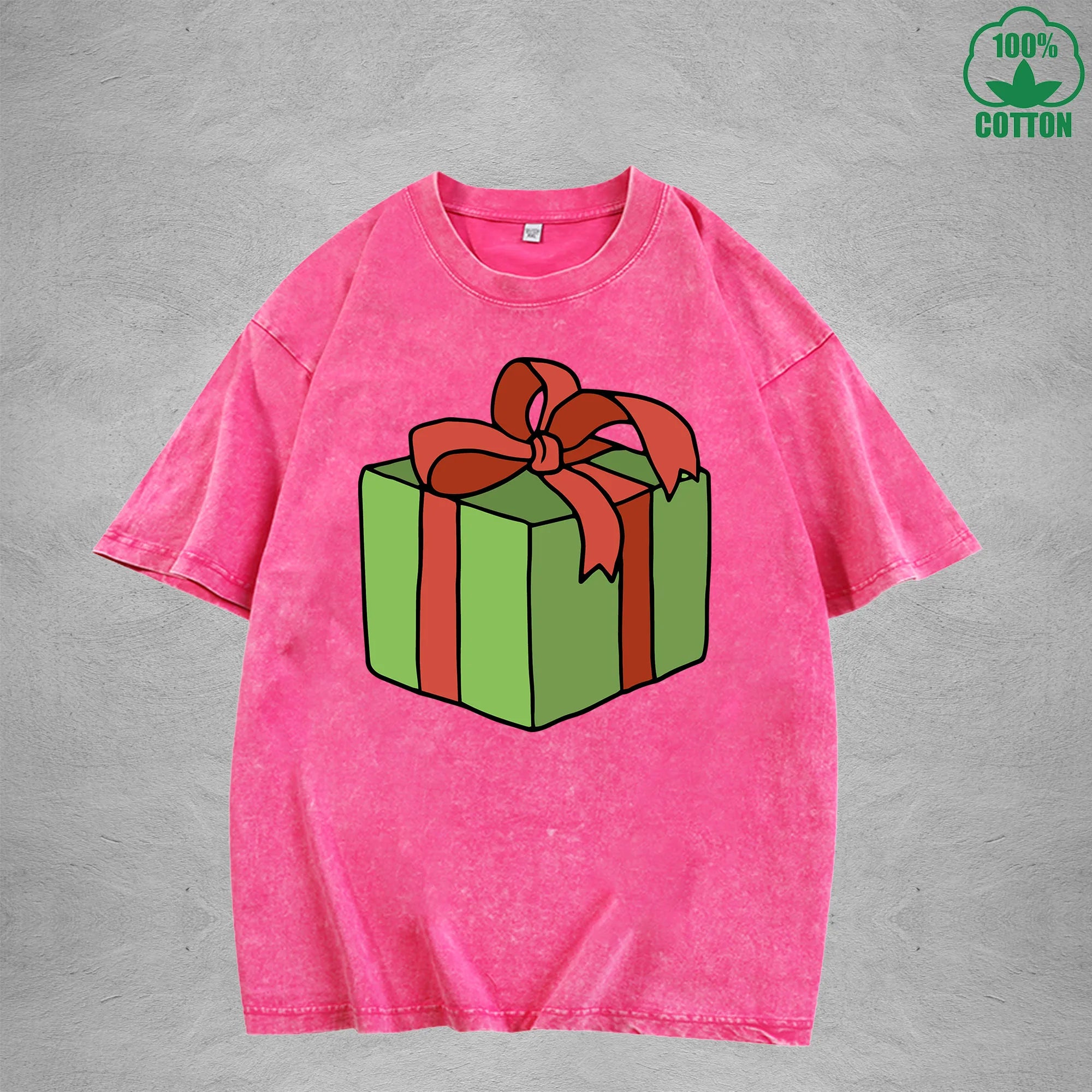 Christmas Present Interest Printed Washed T-Shirt 230G Multicolor Loose Trendy Fashionable 100%Cotton Short Sleeve Top