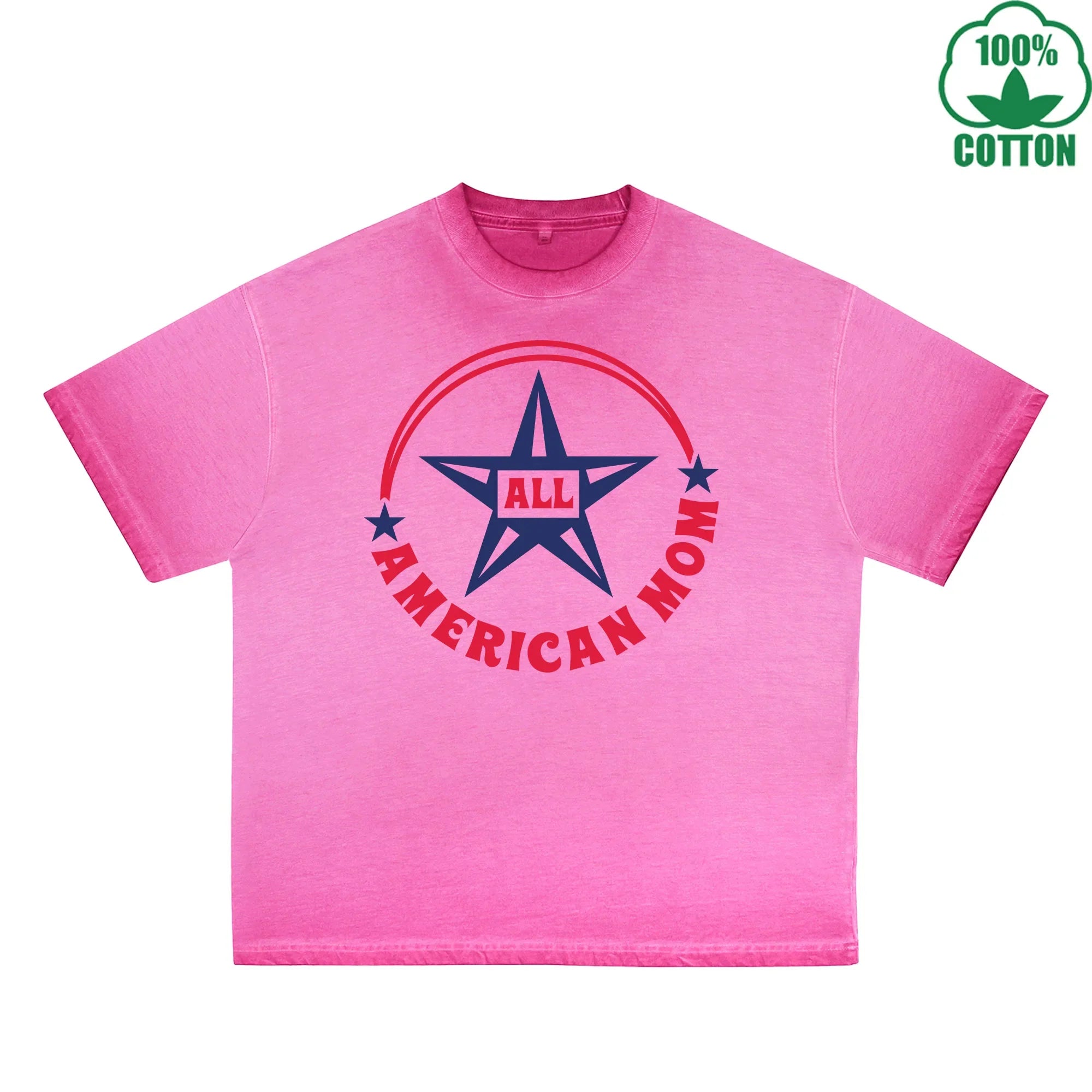 All American Mom Printed Dirty Wash T-Shirt 230G Multicolor Loose Trendy Fashionable 100%Cotton Short Sleeve Top