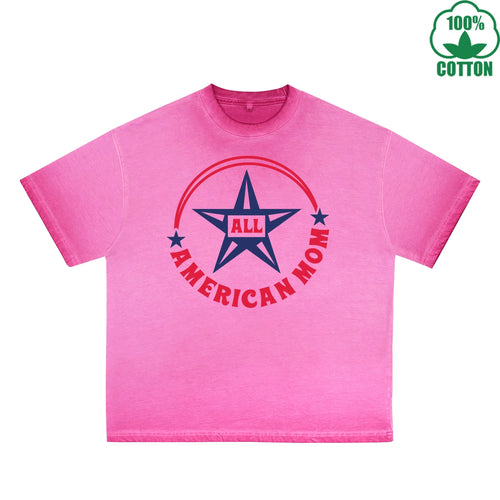 All American Mom Printed Dirty Wash T-Shirt 230G Multicolor Loose Trendy Fashionable 100%Cotton Short Sleeve Top