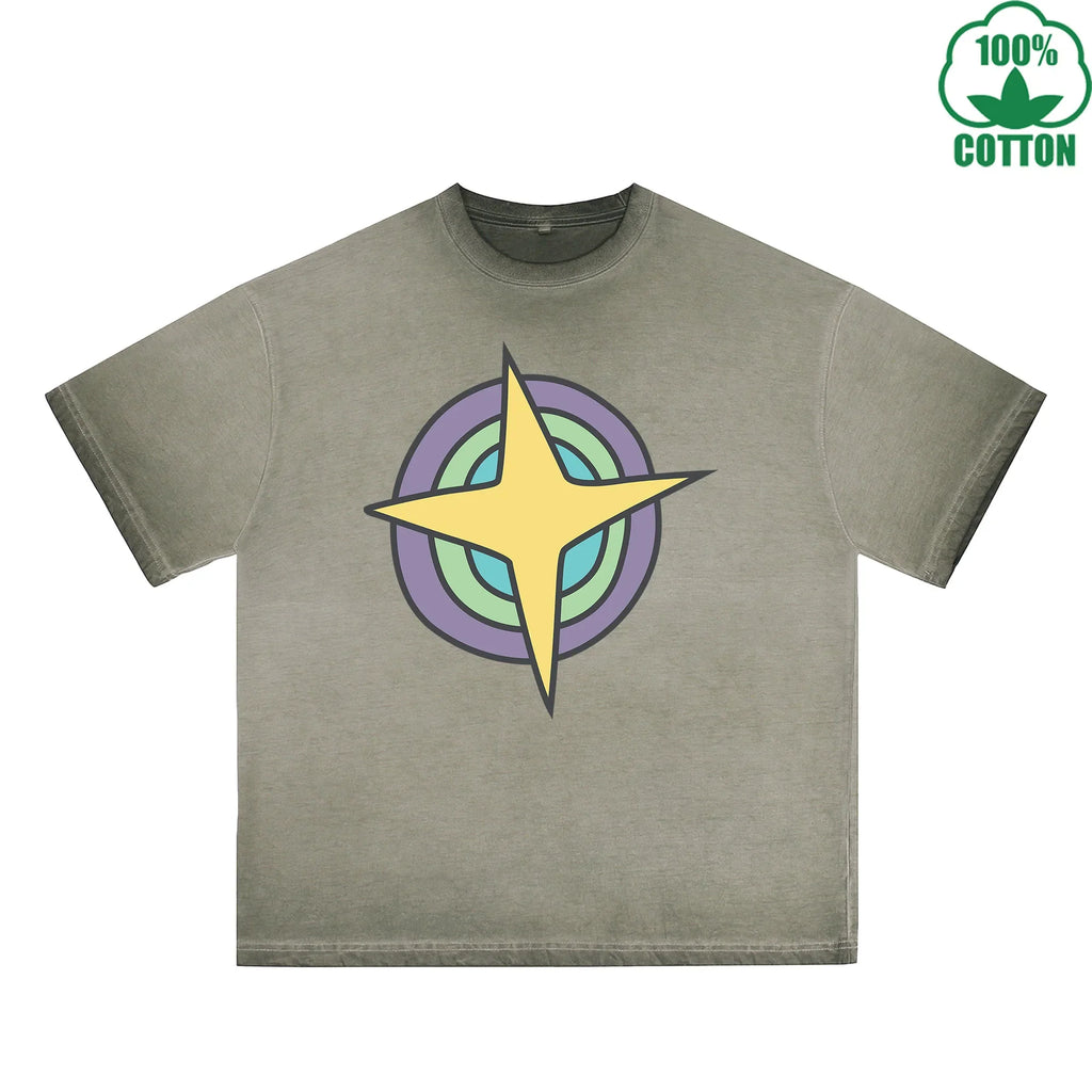 Planet Printed Dirty WashT-Shirt 230G Multicolor Loose Trendy Fashionable 100%Cotton Short Sleeve Top