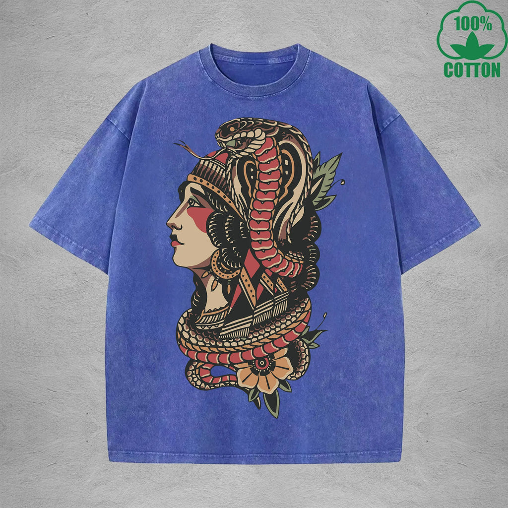 Venomous Snake ChiefInterest Printed Washed T-Shirt 230G Multicolor Loose Trendy Fashionable 100%Cotton Short Sleeve Top