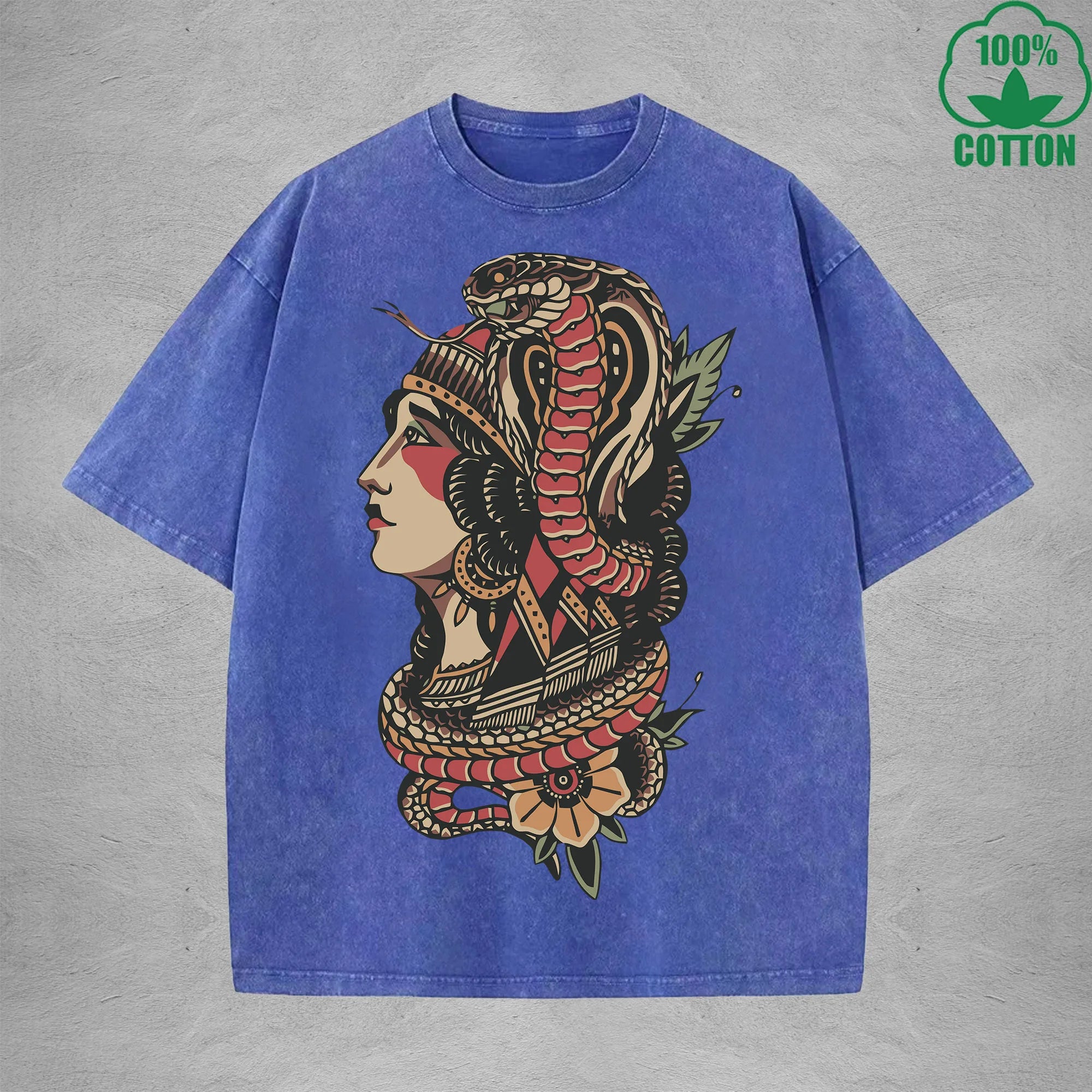Venomous Snake ChiefInterest Printed Washed T-Shirt 230G Multicolor Loose Trendy Fashionable 100%Cotton Short Sleeve Top