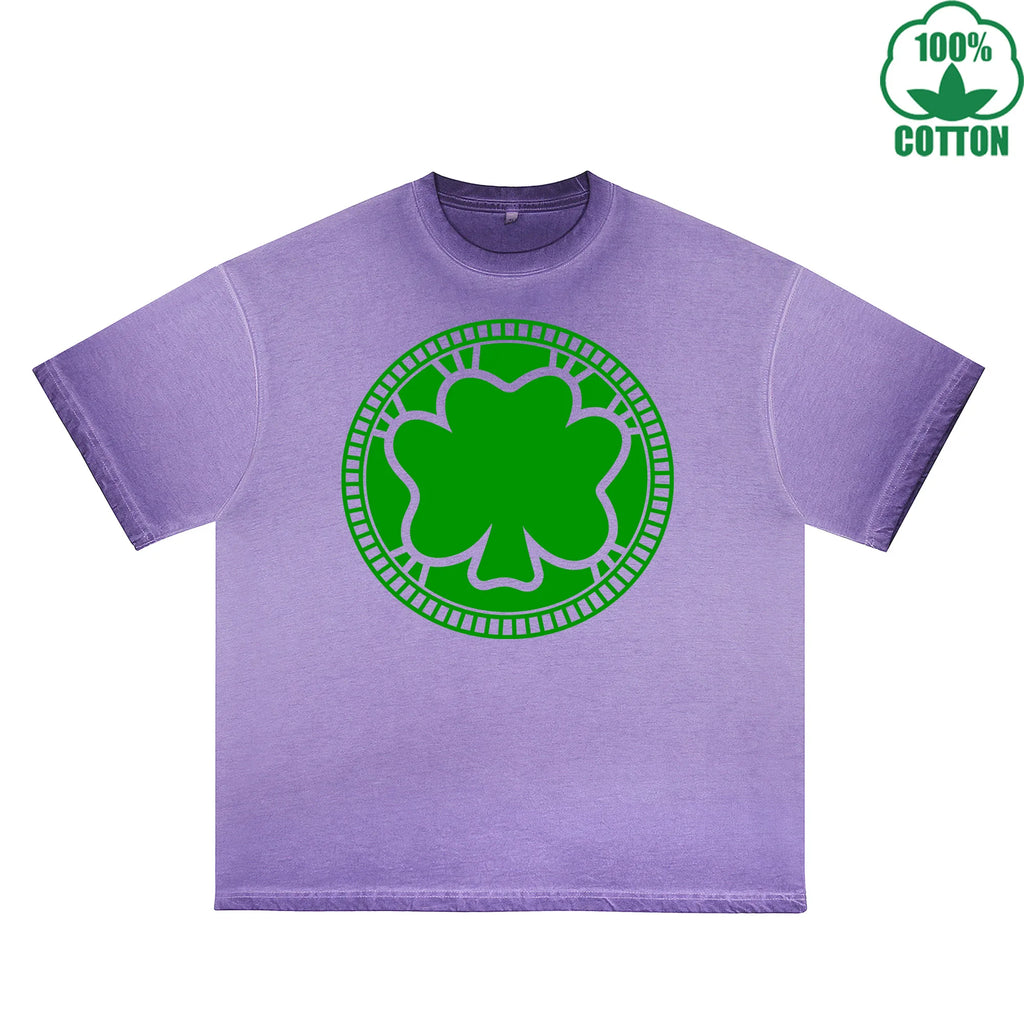 clover coin Printed Dirty Wash T-Shirt 230G Multicolor Loose Trendy Fashionable 100%Cotton Short Sleeve Top