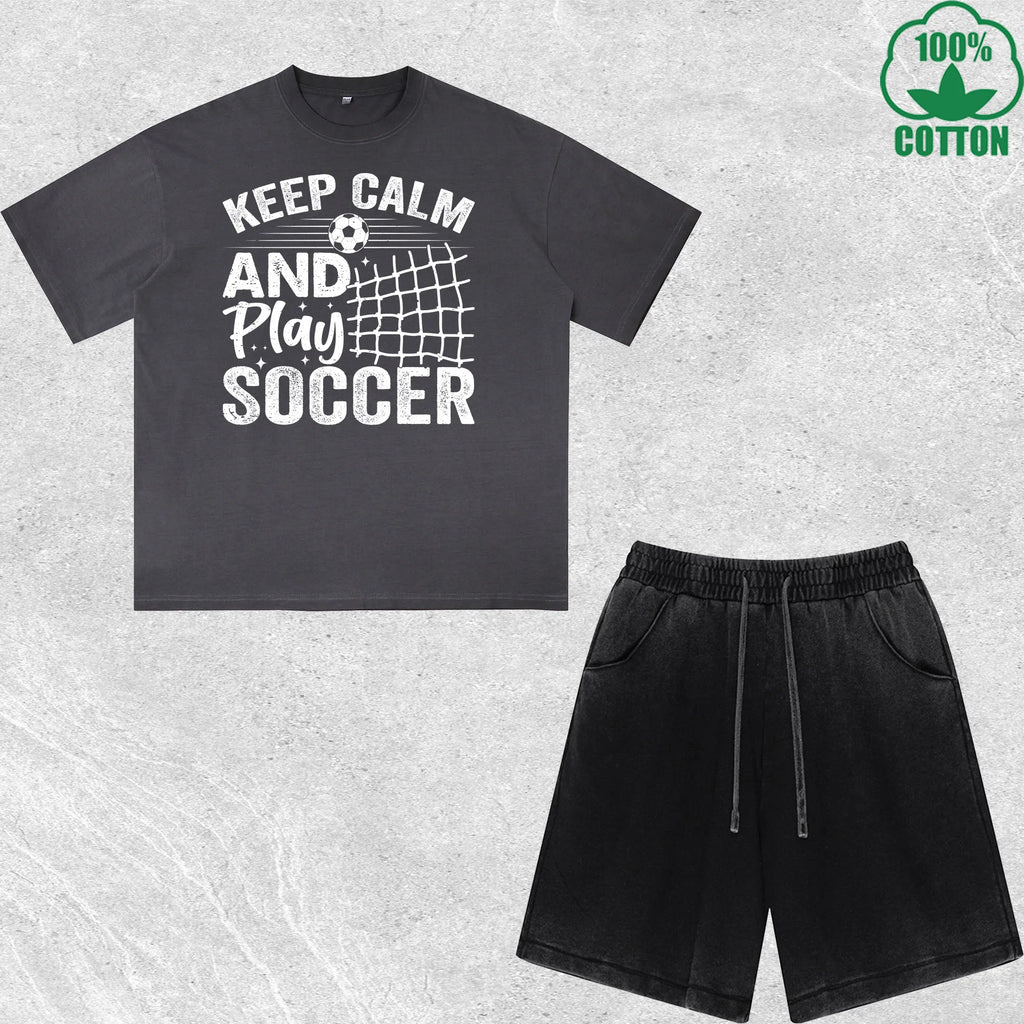 Keep Calm Soccer Printed Dirty Wash T-Shirt Shorts Set Multicolor Combo Loose Trendy Fashionable 100%Cotton
