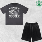 Keep Calm Soccer Printed Dirty Wash T-Shirt Shorts Set Multicolor Combo Loose Trendy Fashionable 100%Cotton