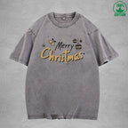 Merry Christmas Interest Printed Washed T-Shirt 230G Multicolor Loose Trendy Fashionable 100%Cotton Short Sleeve Top