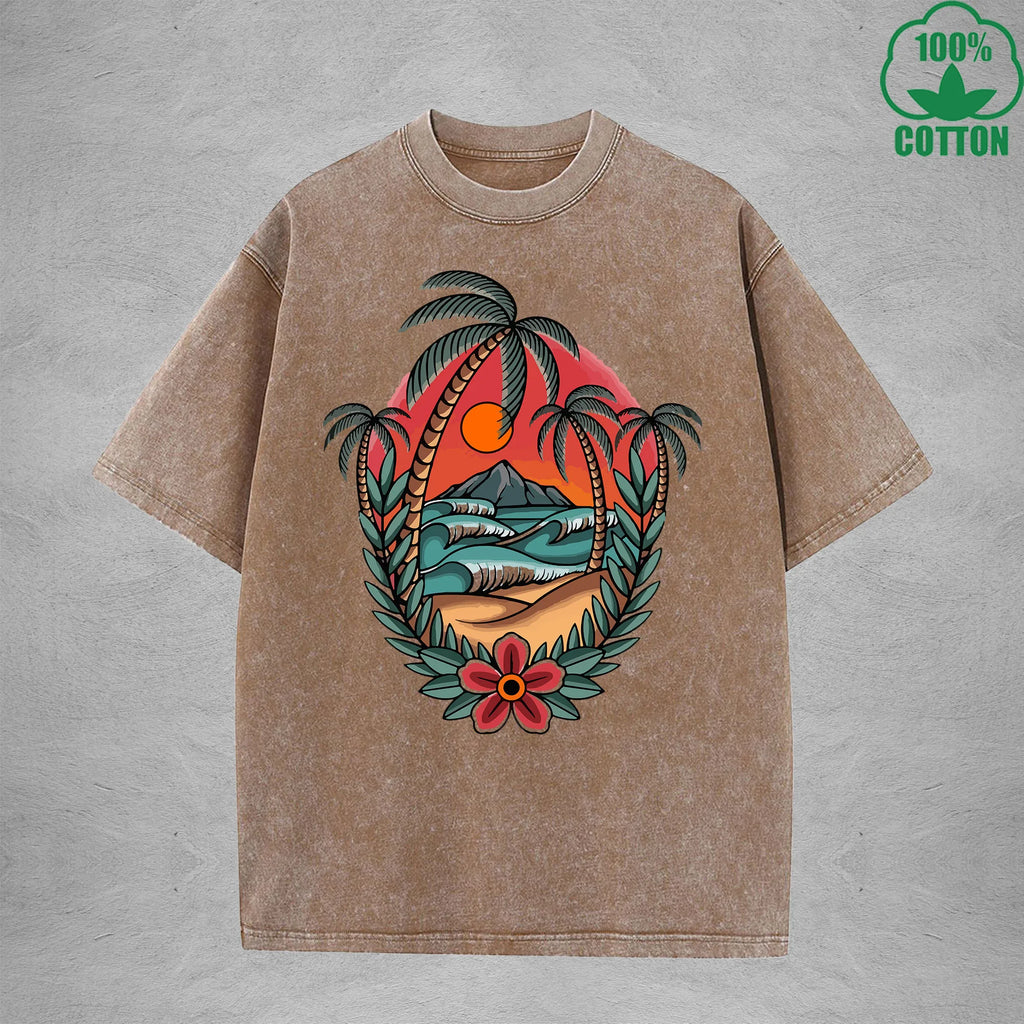 SunsetInterest Printed Washed T-Shirt 230G Multicolor Loose Trendy Fashionable 100%Cotton Short Sleeve Top