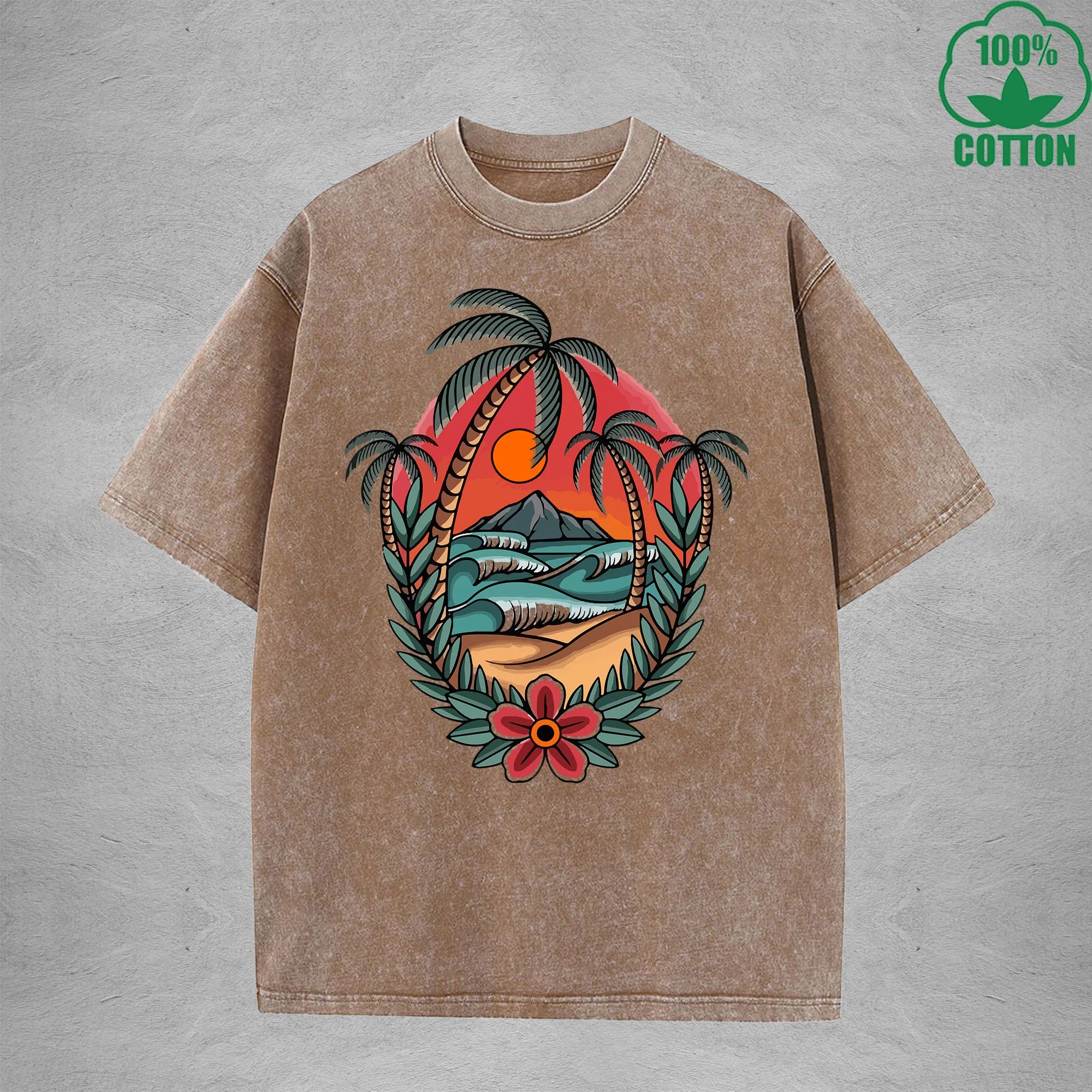 SunsetInterest Printed Washed T-Shirt 230G Multicolor Loose Trendy Fashionable 100%Cotton Short Sleeve Top