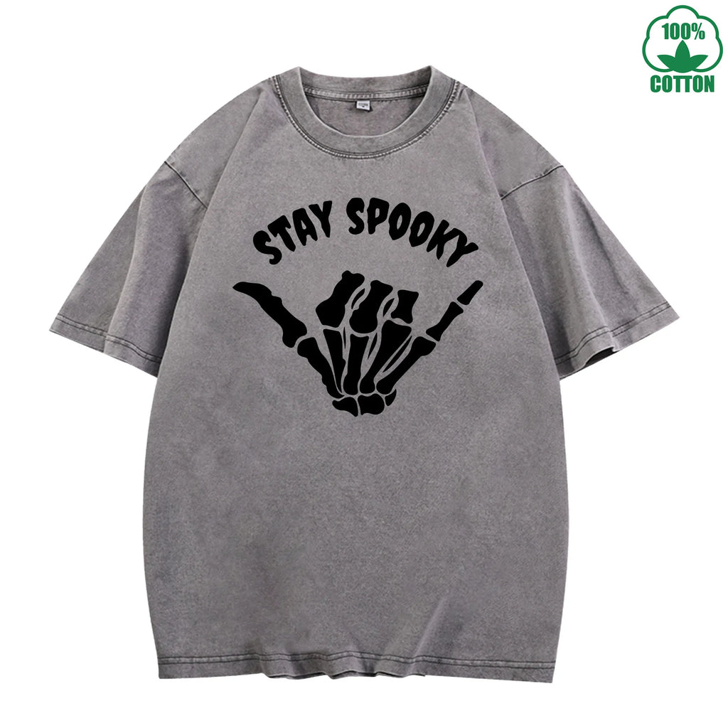 Stay Spooky Quirky Fun Printed Washed T-Shirt 230G American Style Fashion Loose Trendy Fashionable Cotton Short Sleeve Top