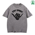 Stay Spooky Quirky Fun Printed Washed T-Shirt 230G American Style Fashion Loose Trendy Fashionable Cotton Short Sleeve Top