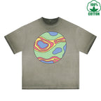 Mysterious Planet Printed Dirty WashT-Shirt 230G Multicolor Loose Trendy Fashionable 100%Cotton Short Sleeve Top