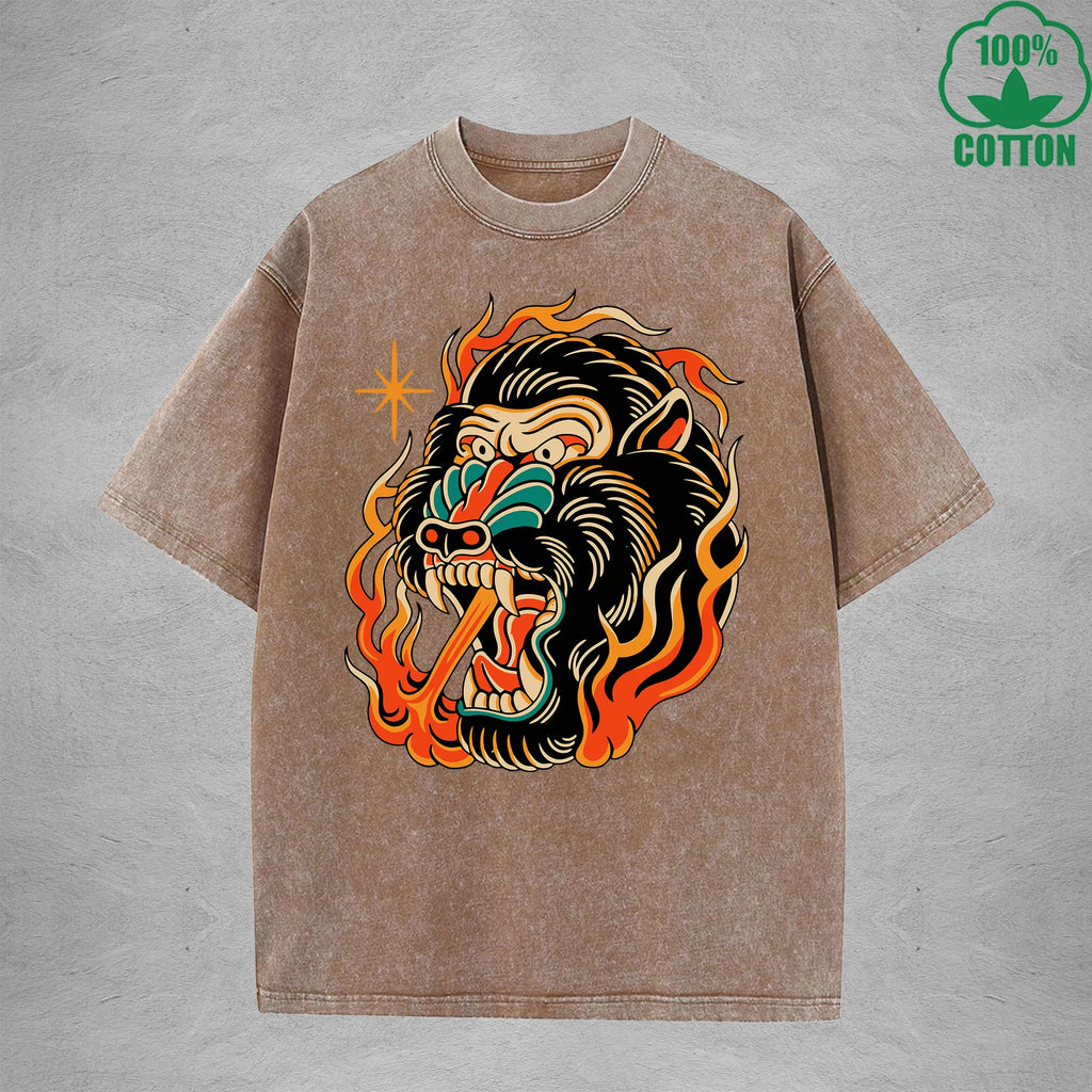Flame Throwing GorillaInterest Printed Washed T-Shirt 230G Multicolor Loose Trendy Fashionable 100%Cotton Short Sleeve Top
