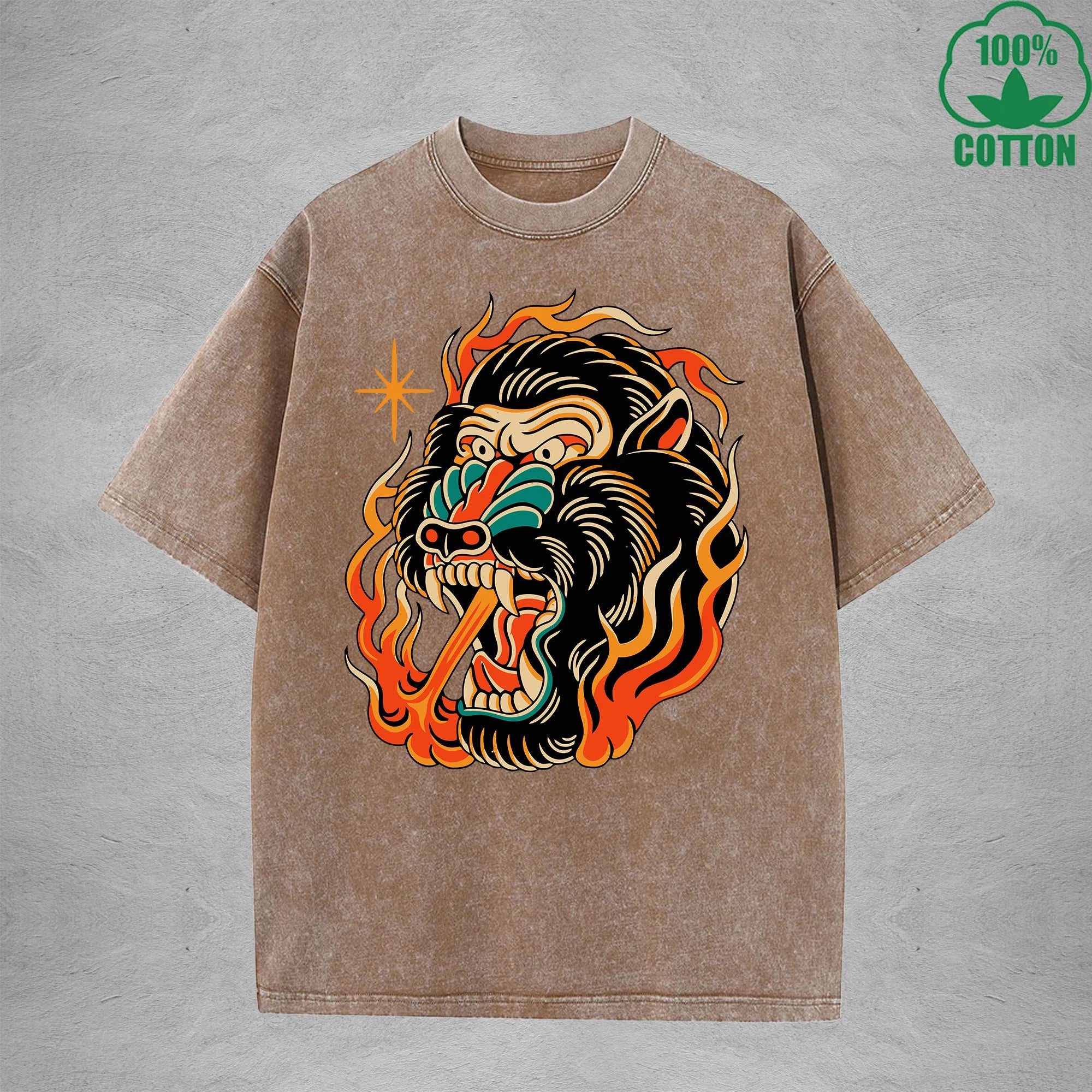 Flame Throwing GorillaInterest Printed Washed T-Shirt 230G Multicolor Loose Trendy Fashionable 100%Cotton Short Sleeve Top