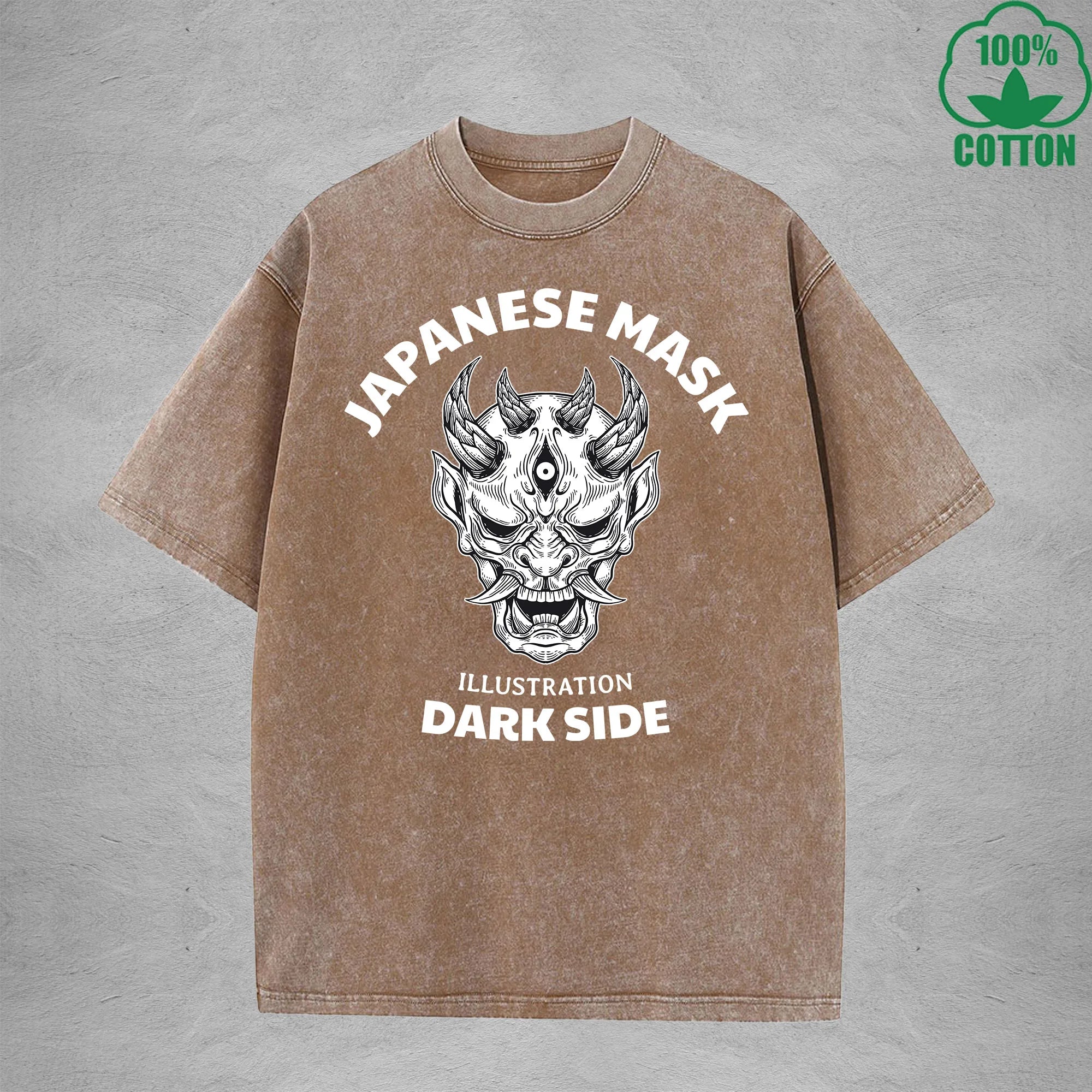 Japanese MaskInterest Printed Washed T-Shirt 230G Multicolor Loose Trendy Fashionable 100%Cotton Short Sleeve Top