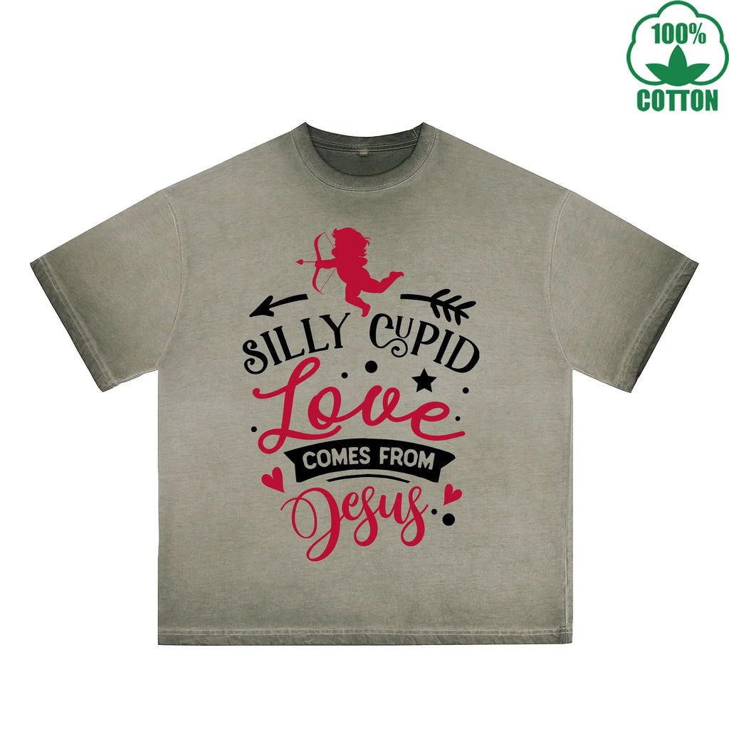Silly God of Love Printed Dirty Wash T-Shirt 230G Multicolor Loose Trendy Fashionable 100%Cotton Short Sleeve Top