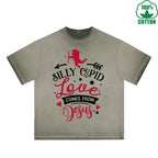 Silly God of Love Printed Dirty Wash T-Shirt 230G Multicolor Loose Trendy Fashionable 100%Cotton Short Sleeve Top