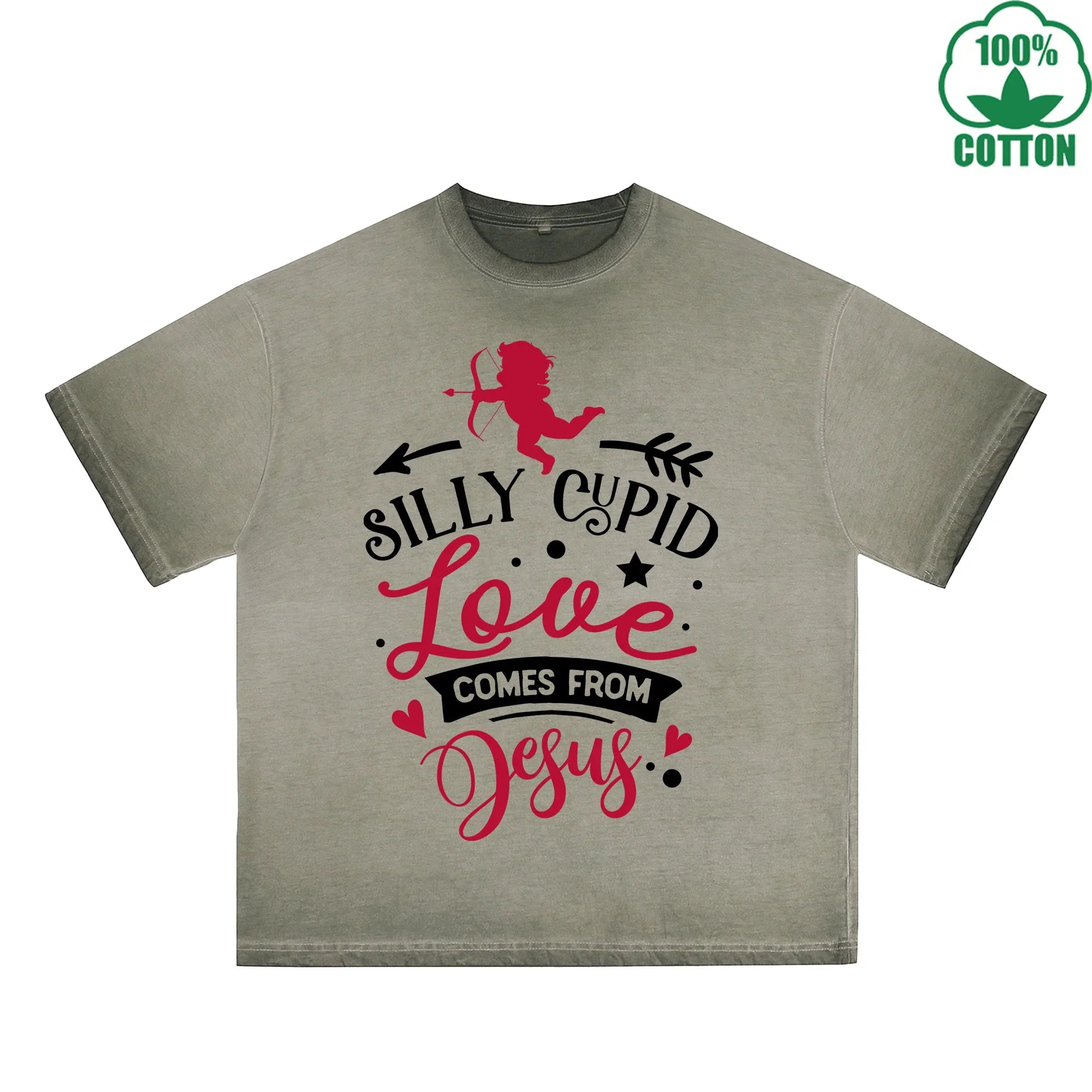 Silly God of Love Printed Dirty Wash T-Shirt 230G Multicolor Loose Trendy Fashionable 100%Cotton Short Sleeve Top