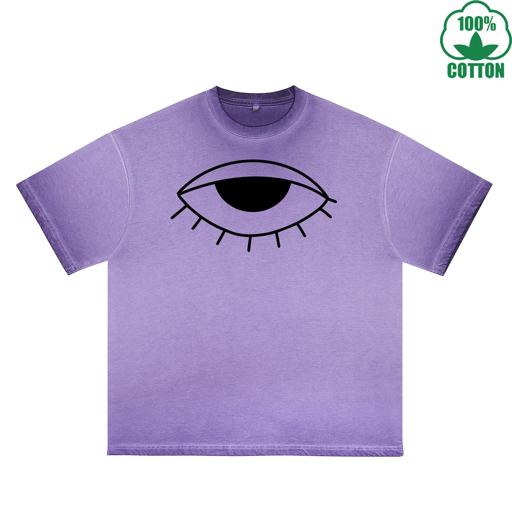The Mysterious Eye Printed Dirty WashT-Shirt 230G Multicolor Loose Trendy Fashionable 100%Cotton Short Sleeve Top