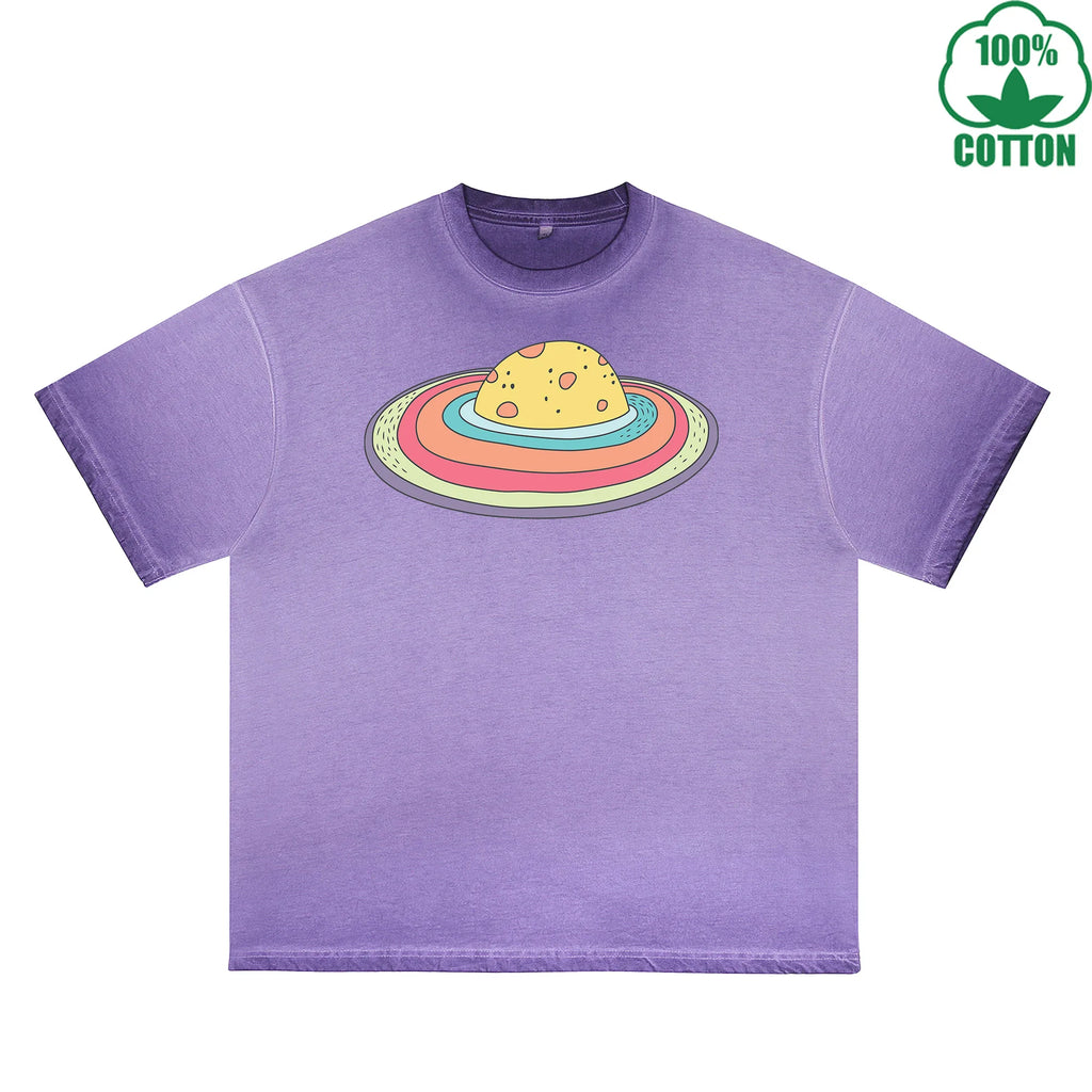 Microcosm Printed Dirty WashT-Shirt 230G Multicolor Loose Trendy Fashionable 100%Cotton Short Sleeve Top