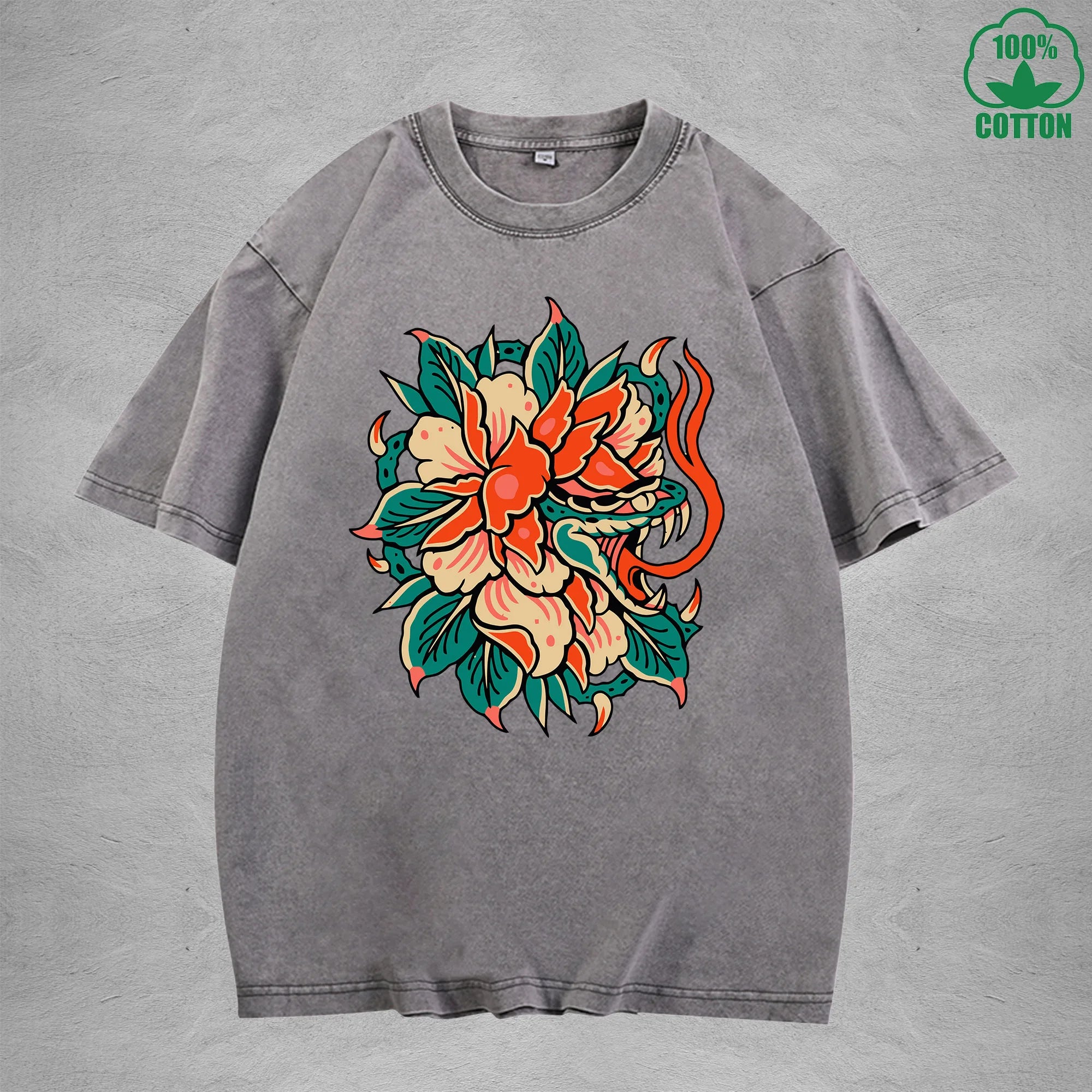 Deadly FlowerInterest Printed Washed T-Shirt 230G Multicolor Loose Trendy Fashionable 100%Cotton Short Sleeve Top