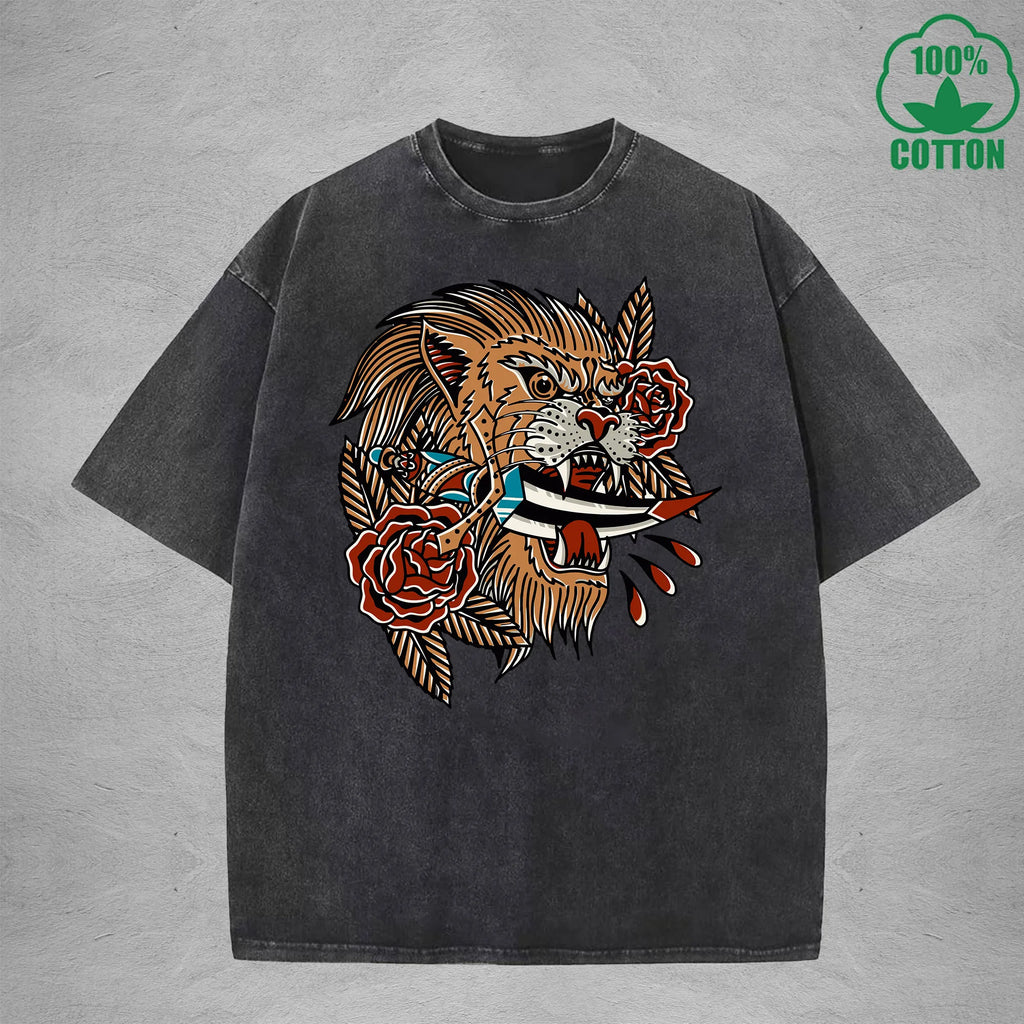 PredatorInterest Printed Washed T-Shirt 230G Multicolor Loose Trendy Fashionable 100%Cotton Short Sleeve Top
