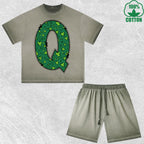 Luck Letter Q Printed Dirty Wash T-Shirt Shorts Set Multicolor Combo Loose Trendy Fashionable 100%Cotton Short Value Pack