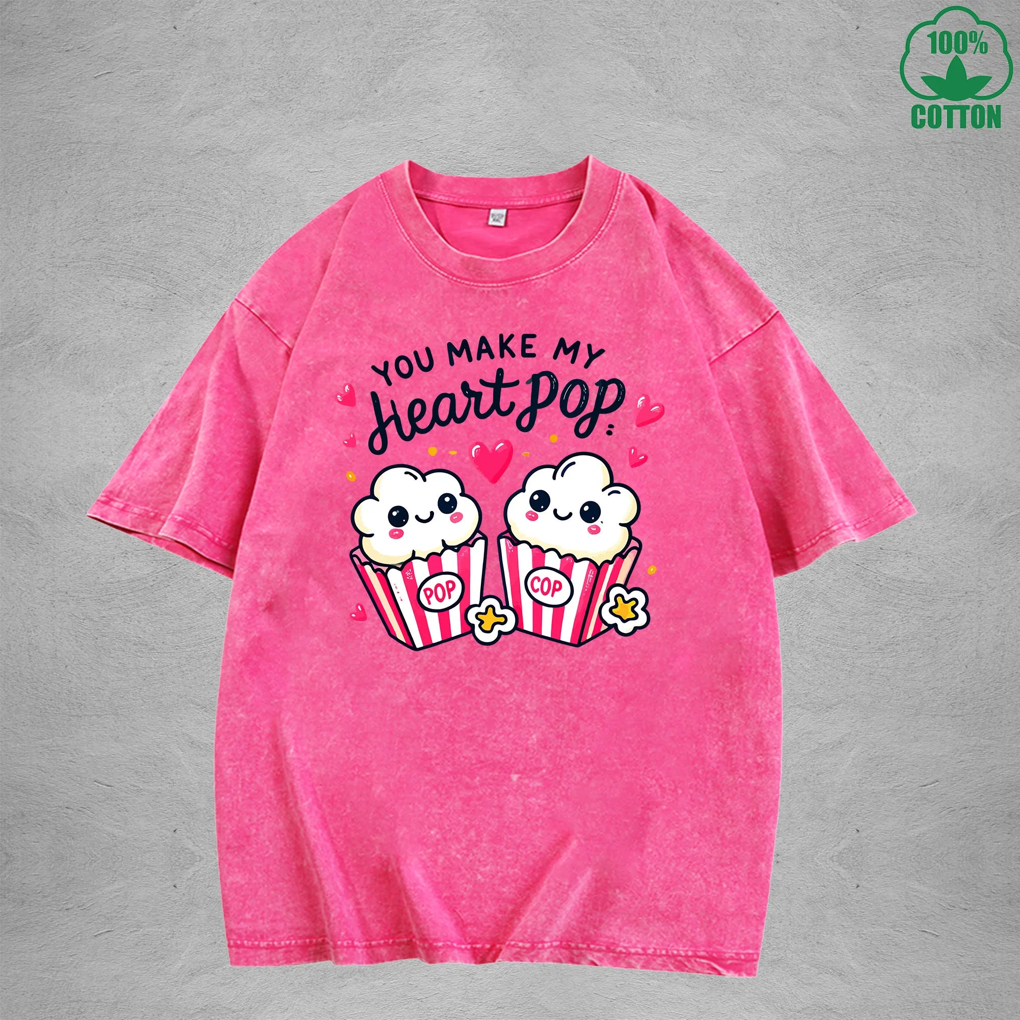 You Make My Heait PopInterest Printed Washed T-Shirt 230G Loose Trendy Fashionable 100%Cotton Short Sleeve Top