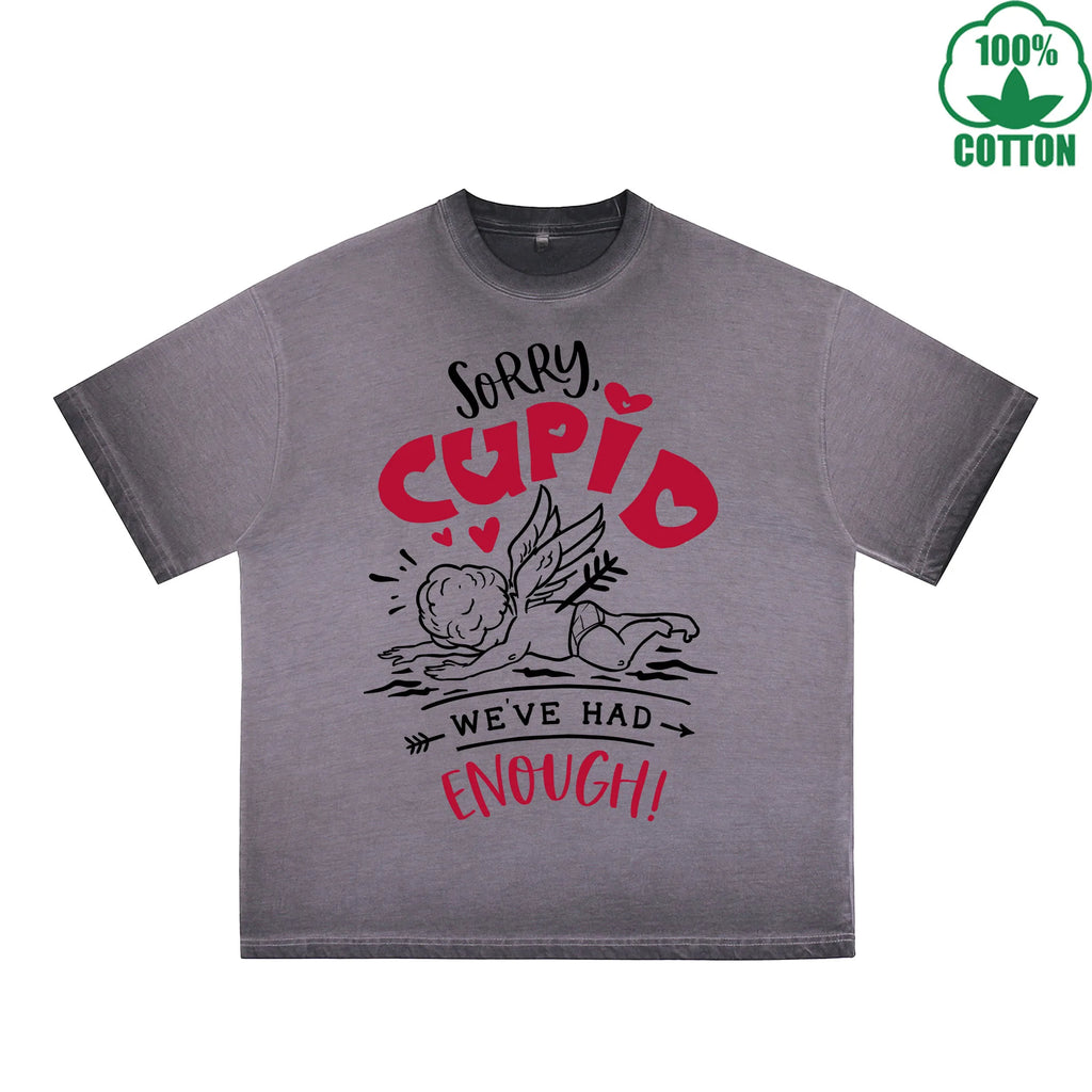 Sorry God of Love Printed Dirty Wash T-Shirt 230G Multicolor Loose Trendy Fashionable 100%Cotton Short Sleeve Top
