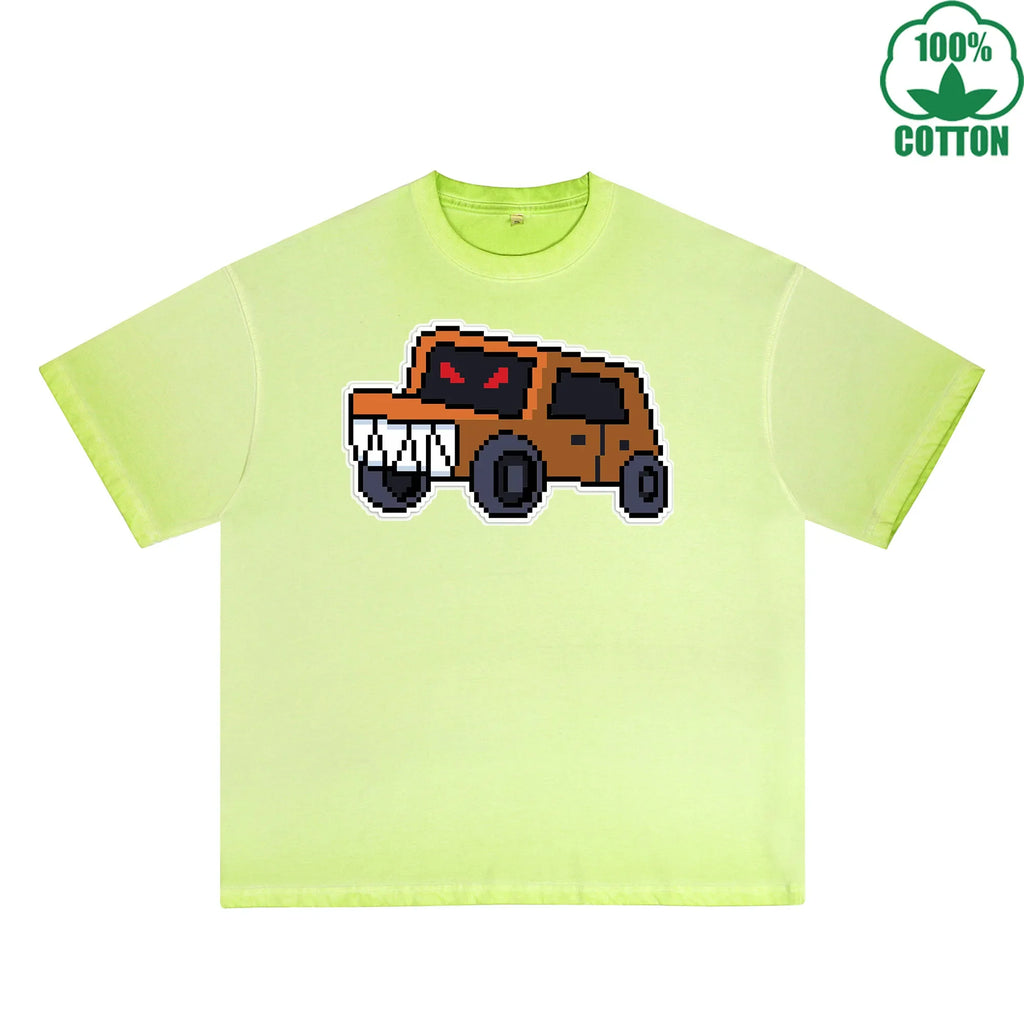 Angry Truck Printed Dirty WashT-Shirt 230G Multicolor Loose Trendy Fashionable 100%Cotton Short Sleeve Top