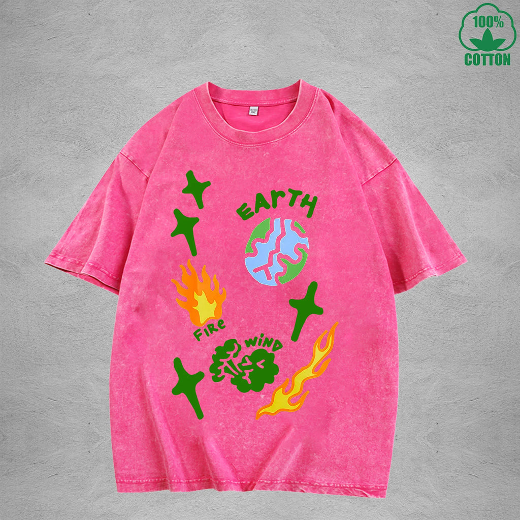 Natural Elements Interest Printed Washed T-Shirt 230G Multicolor Loose Trendy Fashionable Cotton Short Sleeve Top
